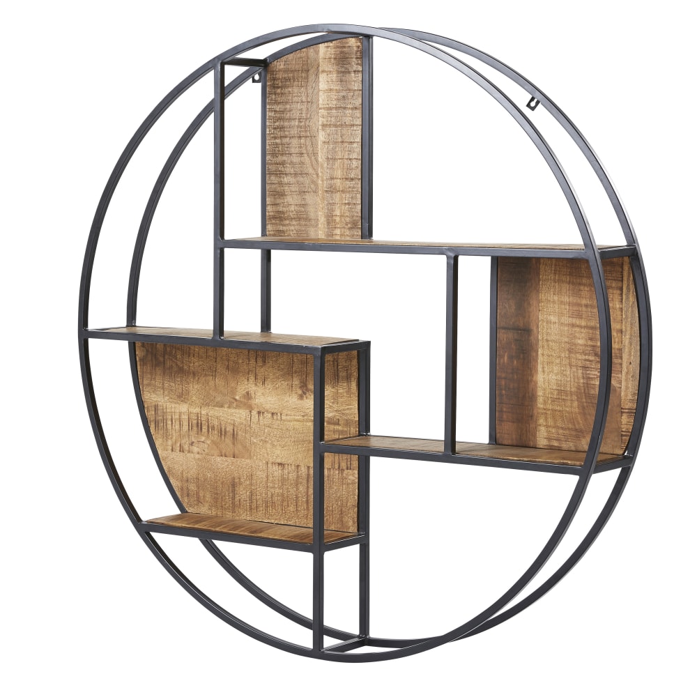 Etagère ronde en métal noir et manguier