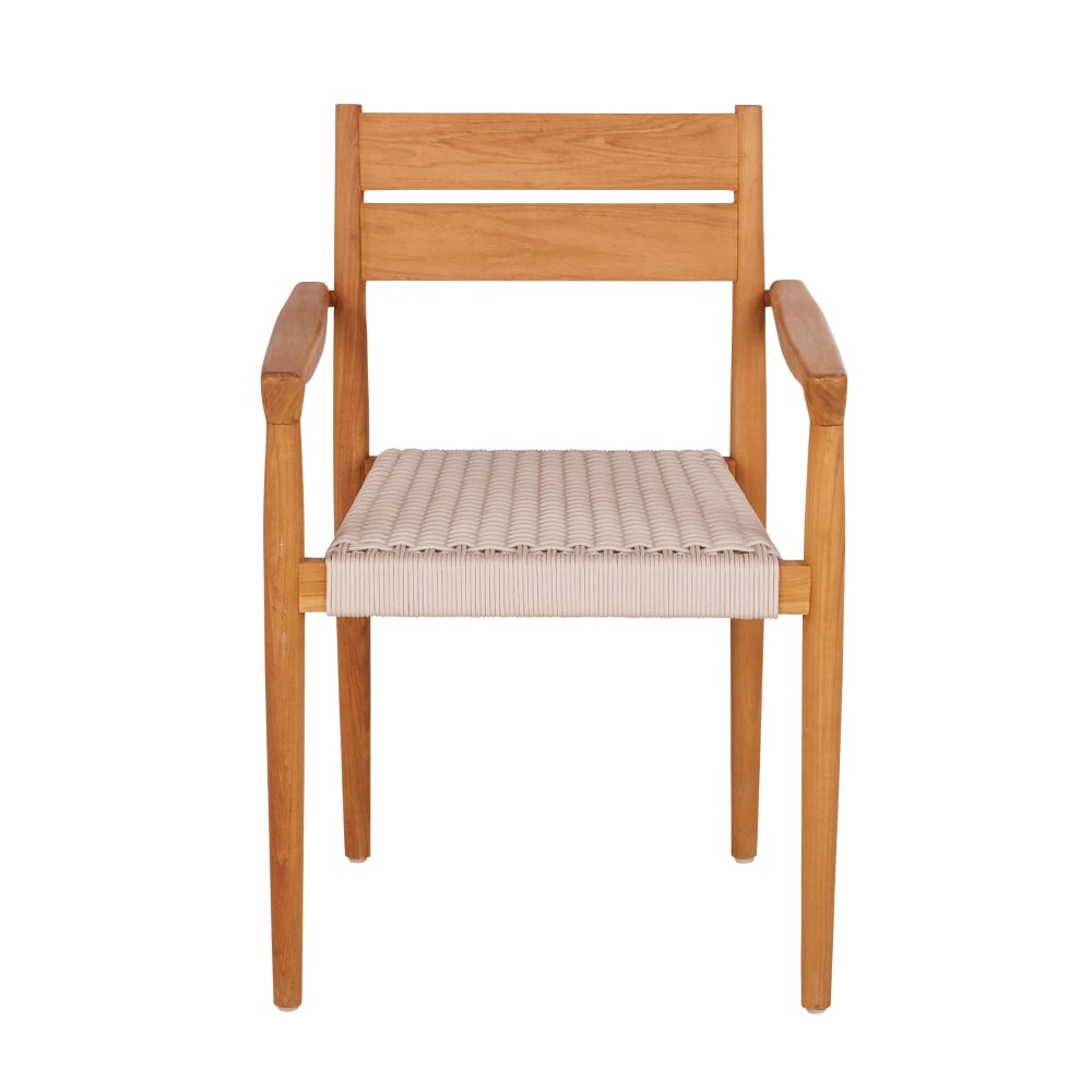 Fauteuil à dîner de jardin en bois de teck et corde beige -