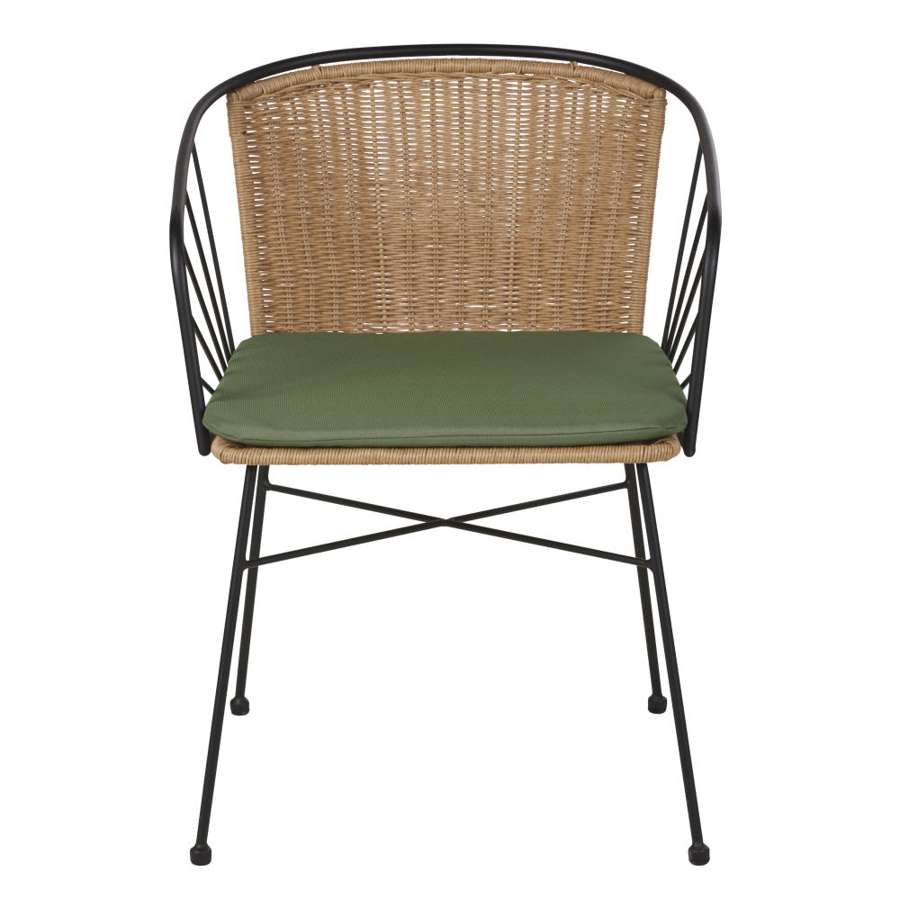 Fauteuil à dîner de jardin en résine imitation rotin et coussin vert kaki - Maisons du Monde