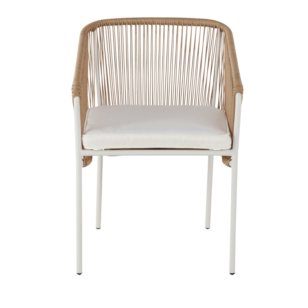 Fauteuil à dîner de jardin en résine recyclée imitation rotin et métal blanc