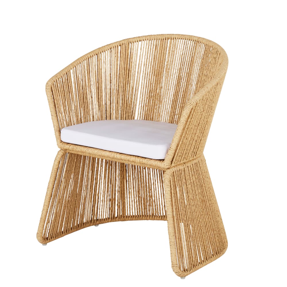 Fauteuil à dîner de jardin professionnel en résine recyclée beige et coussin écru