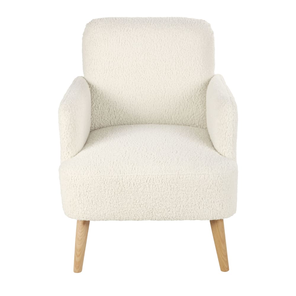 Fauteuil bouclettes blanches et pieds en bois de hêtre