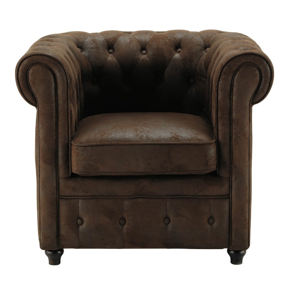 Fauteuil capitonné en suédine marron