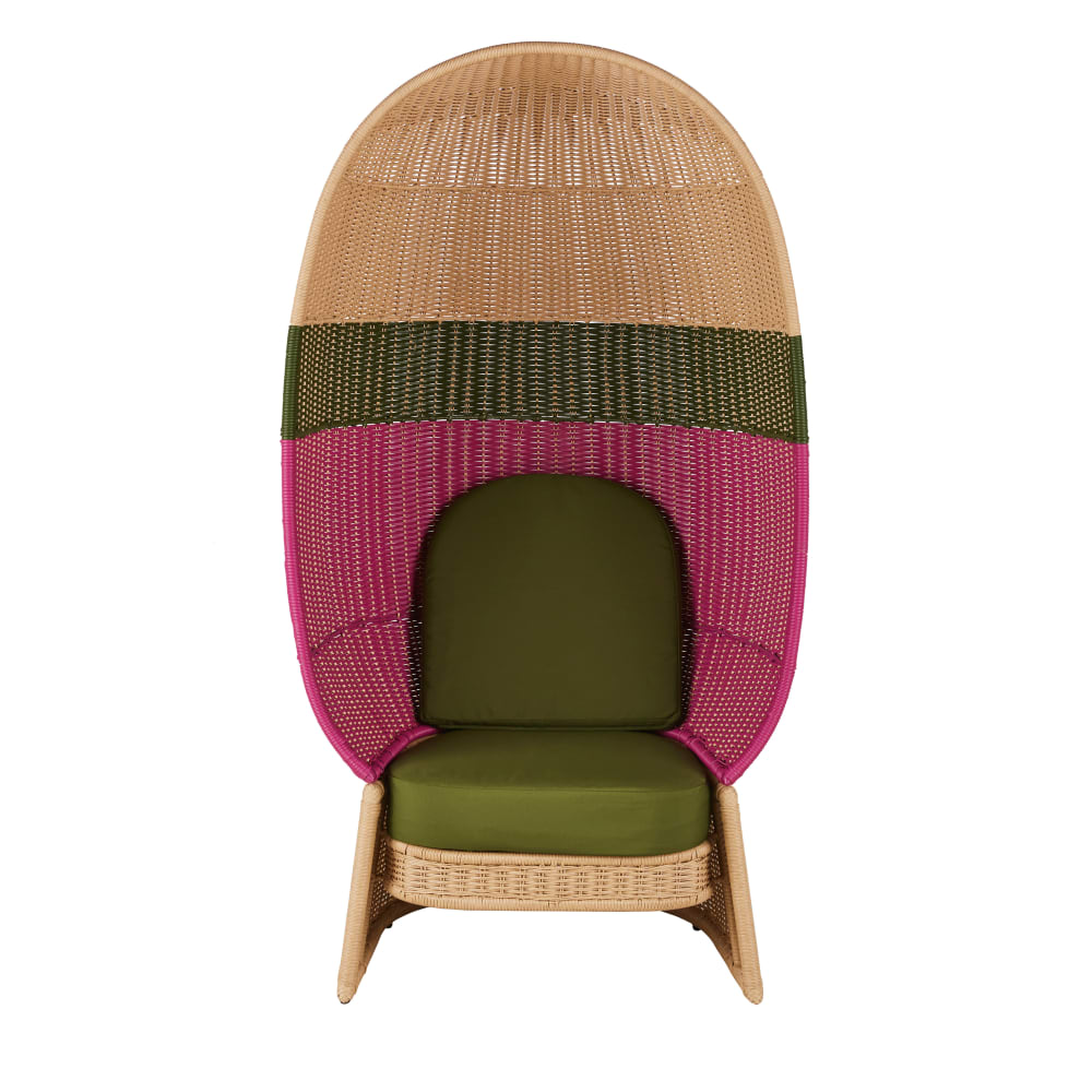 Fauteuil+carrosse+de+jardin+en+acier,+resine+multicolore+et+coussins+vert+kaki