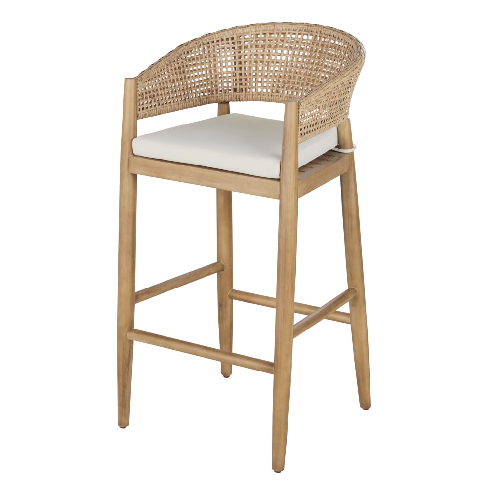Fauteuil de bar de jardin professionnel en bois d'acacia massif, corde beige et coussin écru