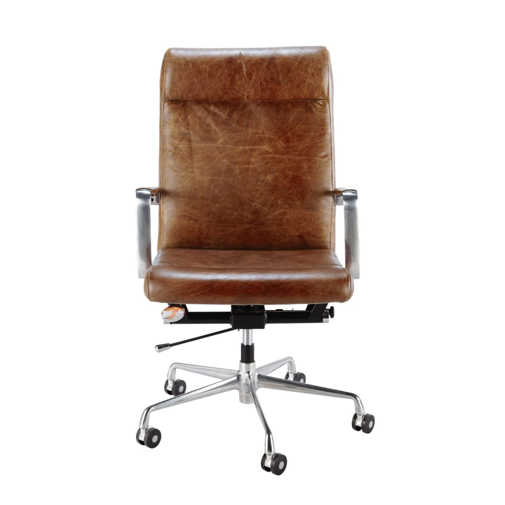 Fauteuil de bureau à roulettes en cuir marron et acier