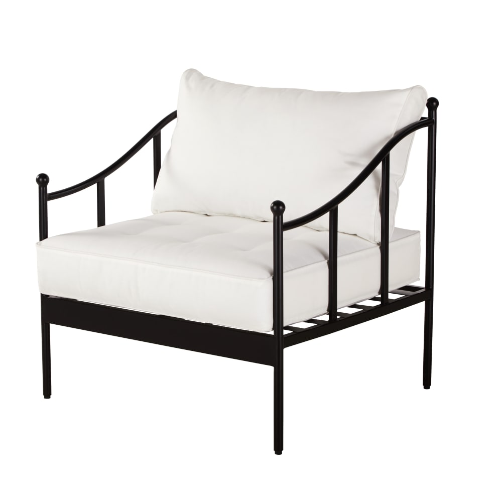 Fauteuil de jardin en acier noir et coussins blanc cassé