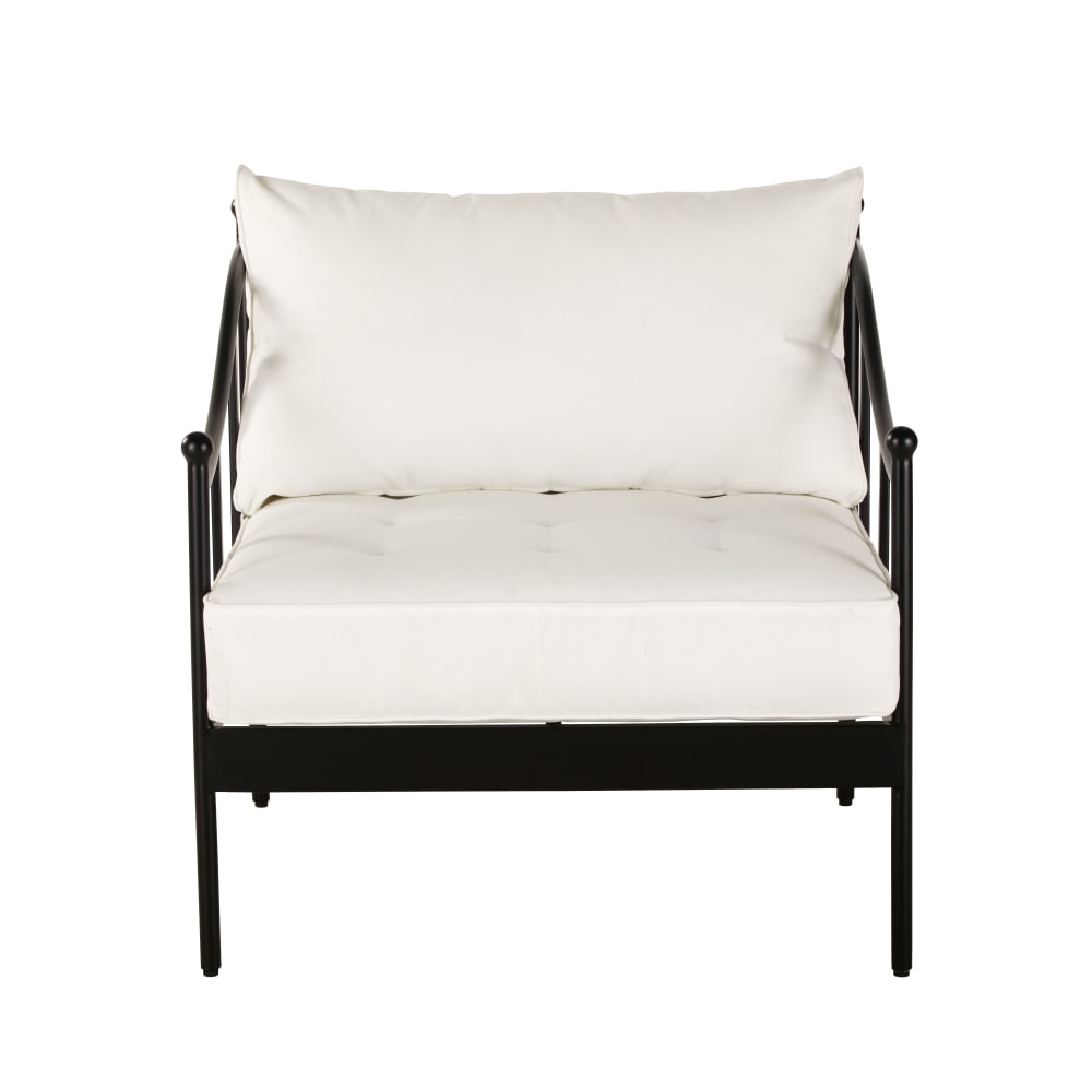 Fauteuil de jardin en acier noir et coussins blanc cassé