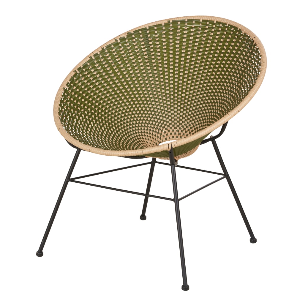 Fauteuil de jardin en acier noir et résine recyclée tressée kaki et beige