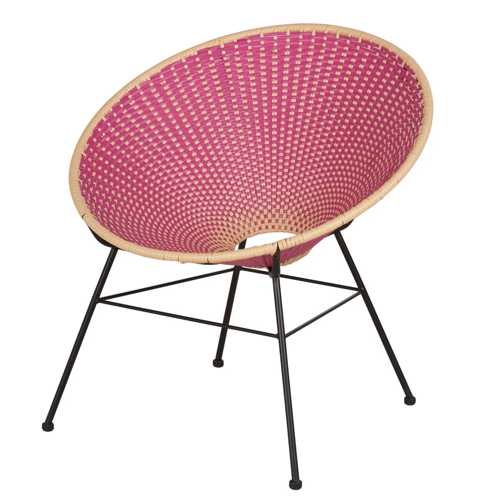 Fauteuil de jardin en acier noir et résine recyclée tressée rose et beige