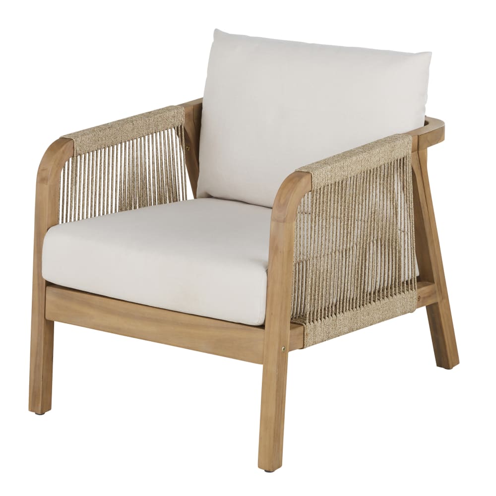 Fauteuil de jardin en bois d'acacia massif et coussins en polyester recyclé écru