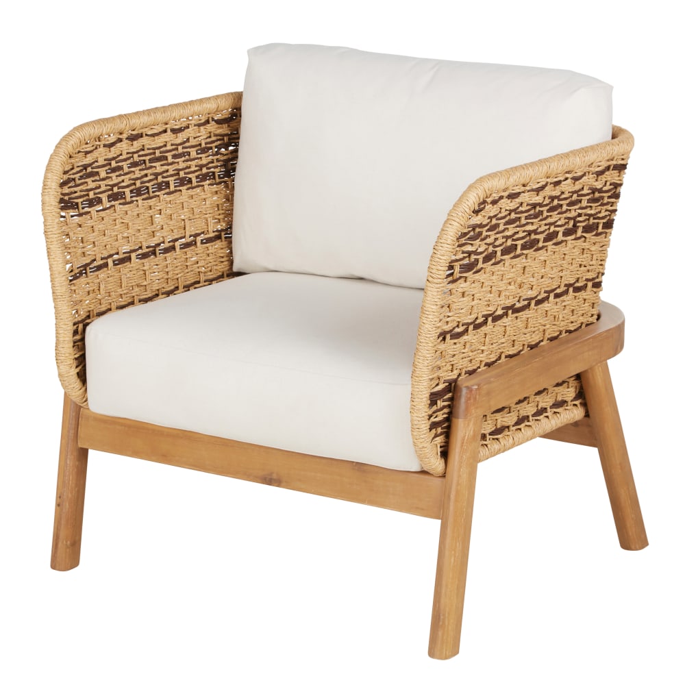 Fauteuil de jardin en bois d'acacia, résine recyclée et coussins en polyester recyclé écru