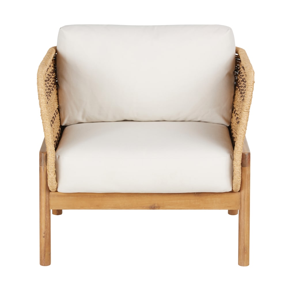 Fauteuil de jardin en bois d'acacia, résine recyclée et coussins en polyester recyclé écru — vue 3