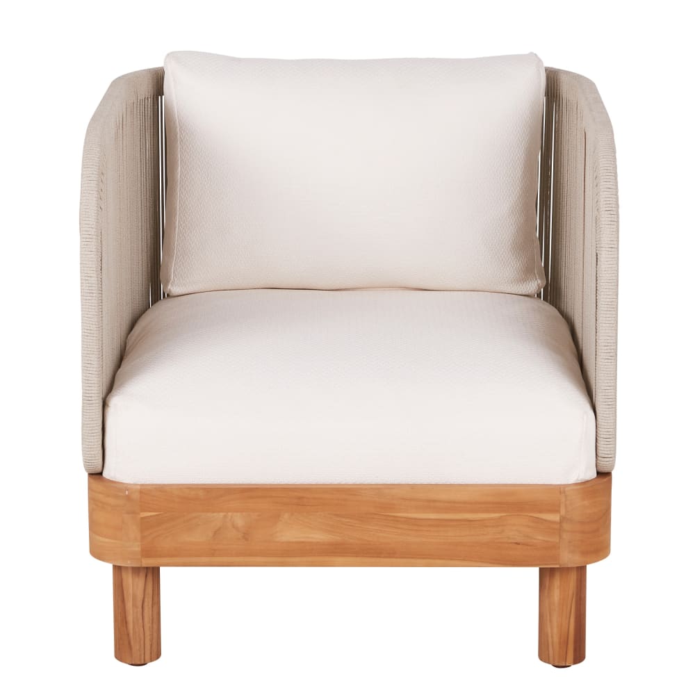 Fauteuil de jardin en bois de teck et corde beige et coussins en polyester recyclé beige — vue 3