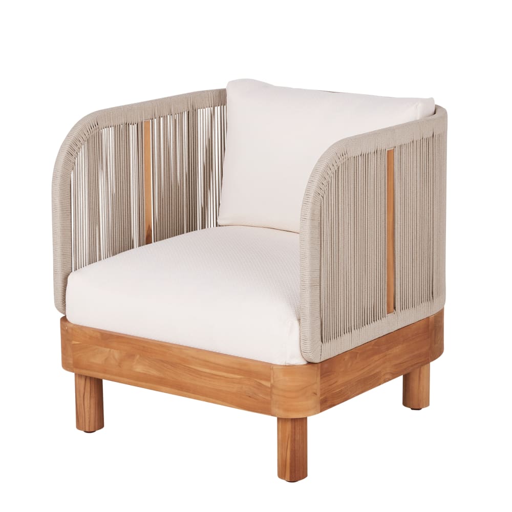 Fauteuil de jardin en bois de teck et corde beige et coussins en polyester recyclé beige