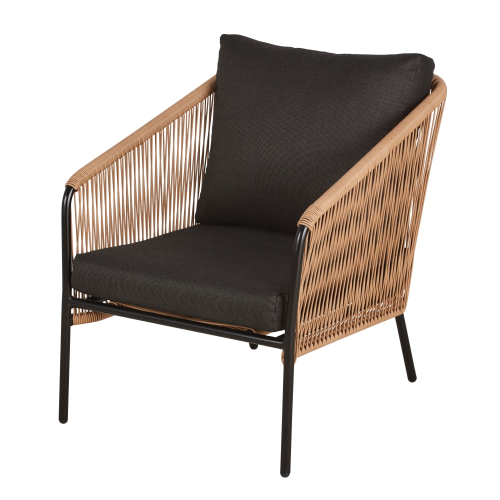 Fauteuil de jardin en résine recyclée beige, métal noir et coussins en polyester recyclé noir