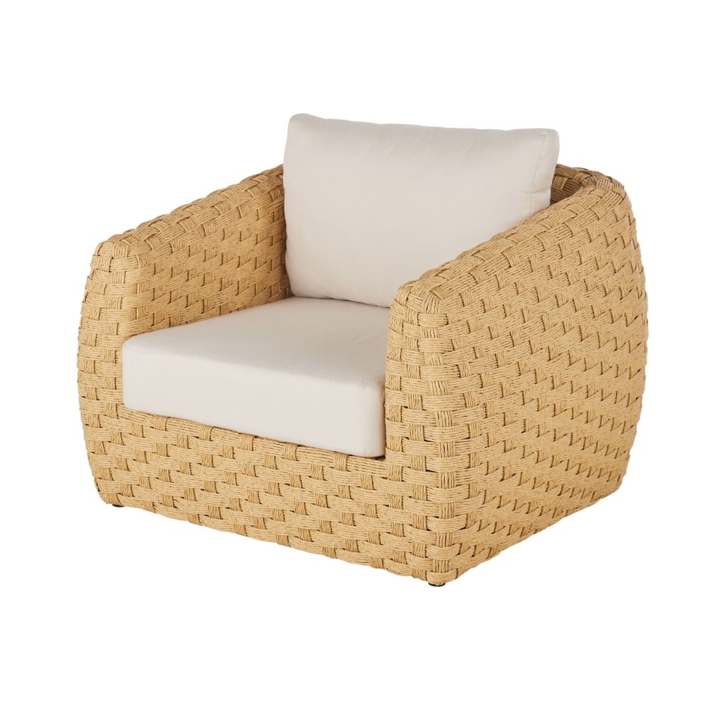 Fauteuil de jardin en résine recyclée et coussins en polyester recyclé écru