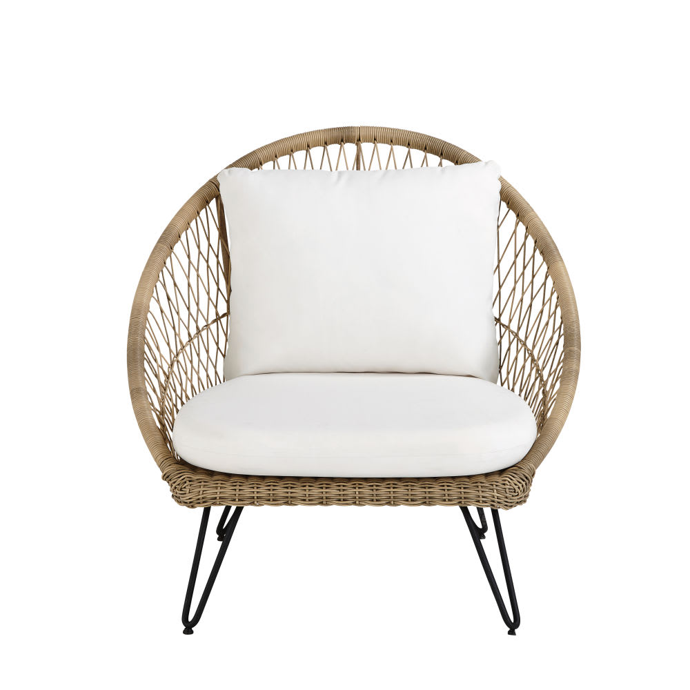 Fauteuil de jardin en résine tressée et coussins en toile recyclée