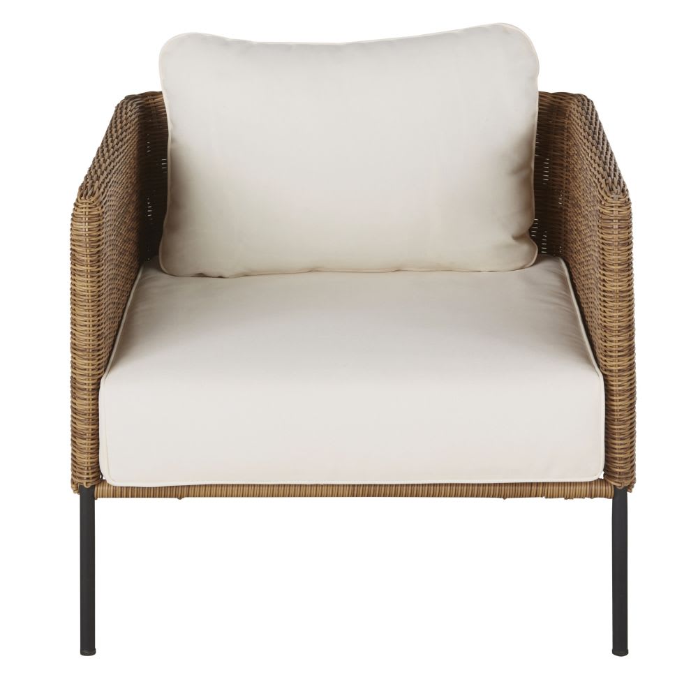Fauteuil de jardin en résine tressée imitation rotin et coussins écrus - Maisons du Monde