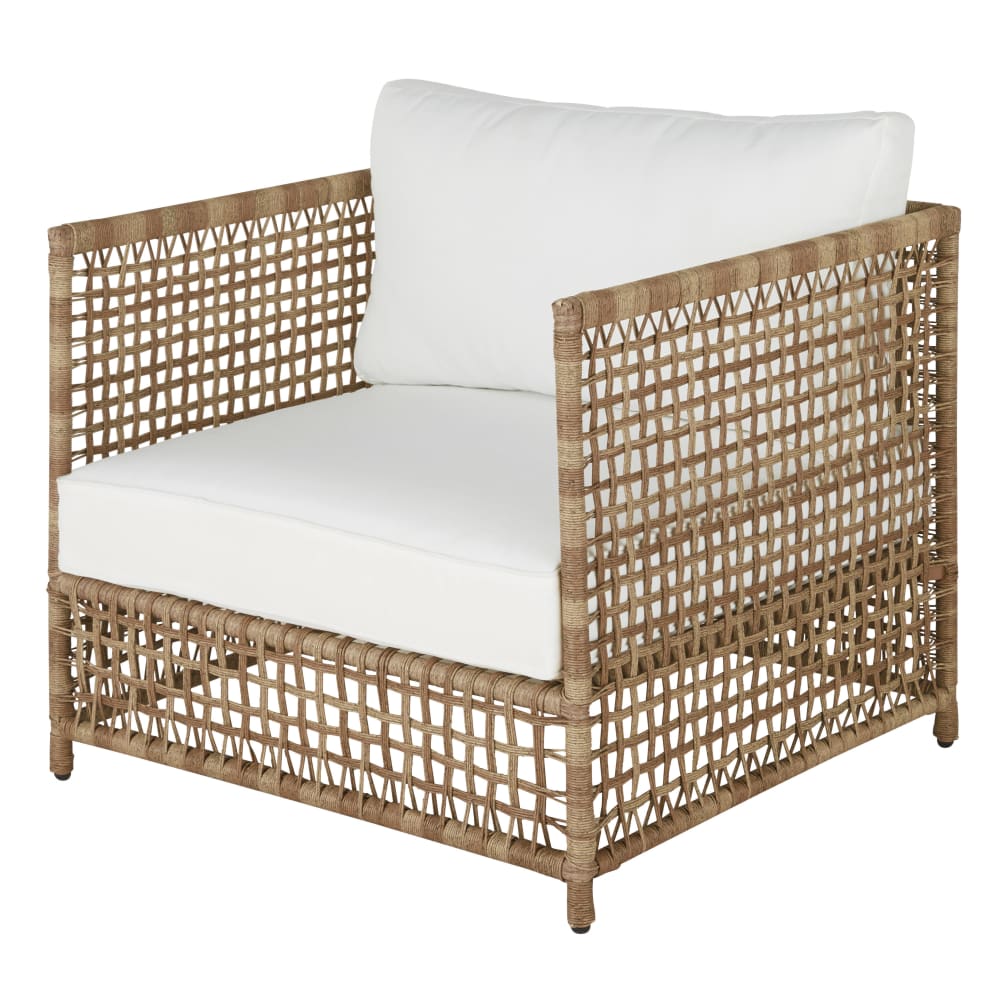 Fauteuil de jardin en résine tressée imitation rotin et coussins écrus