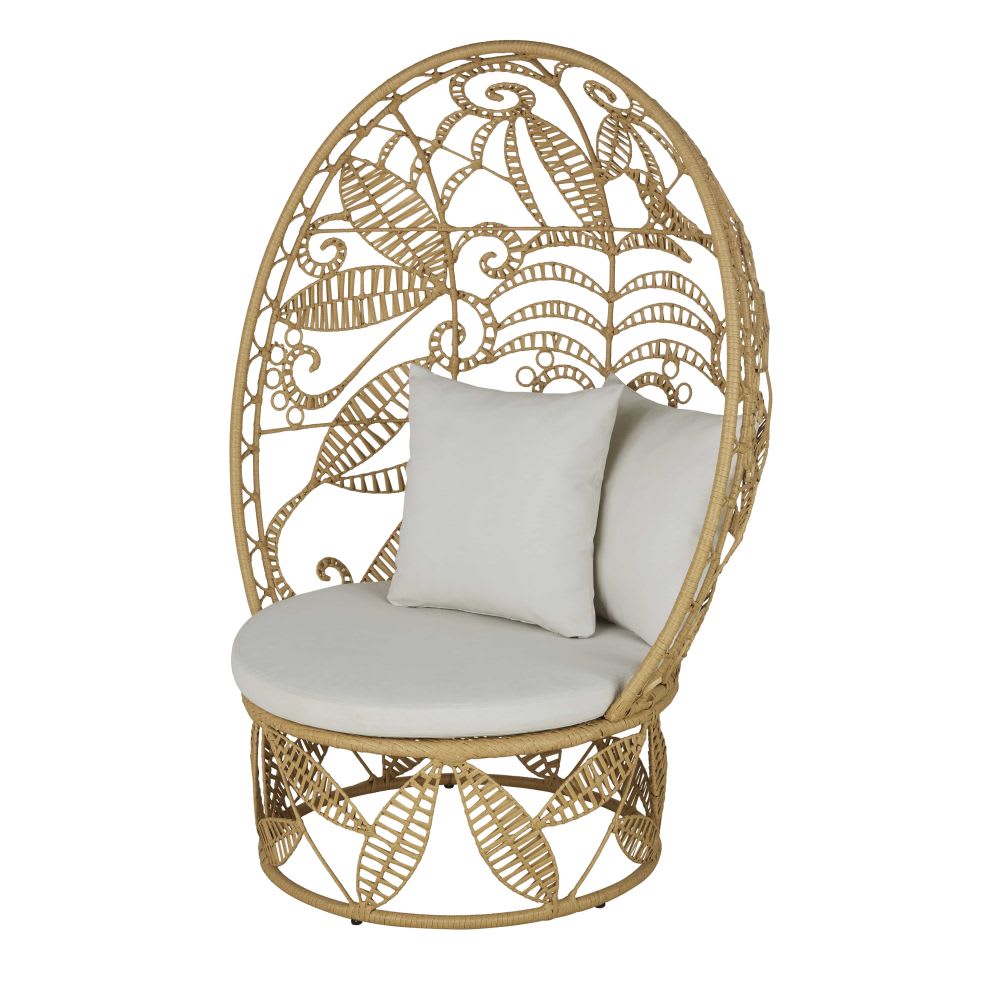 Fauteuil de jardin oeuf en résine imitation rotin et coussins écrus - Maisons du Monde