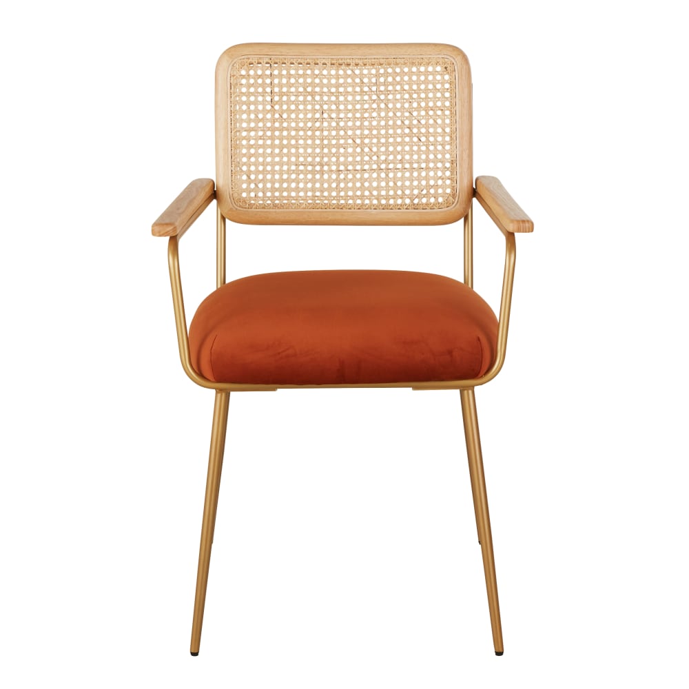 Fauteuil de table cannage en rotin et velours orange écureuil - Maisons du Monde