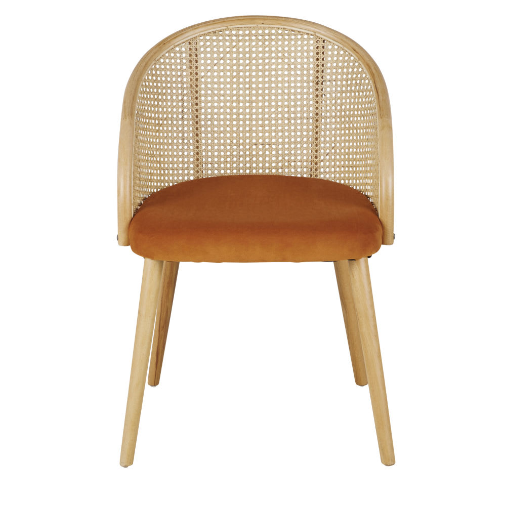 Fauteuil de table en velours marron écureuil cannage en rotin — vue 3