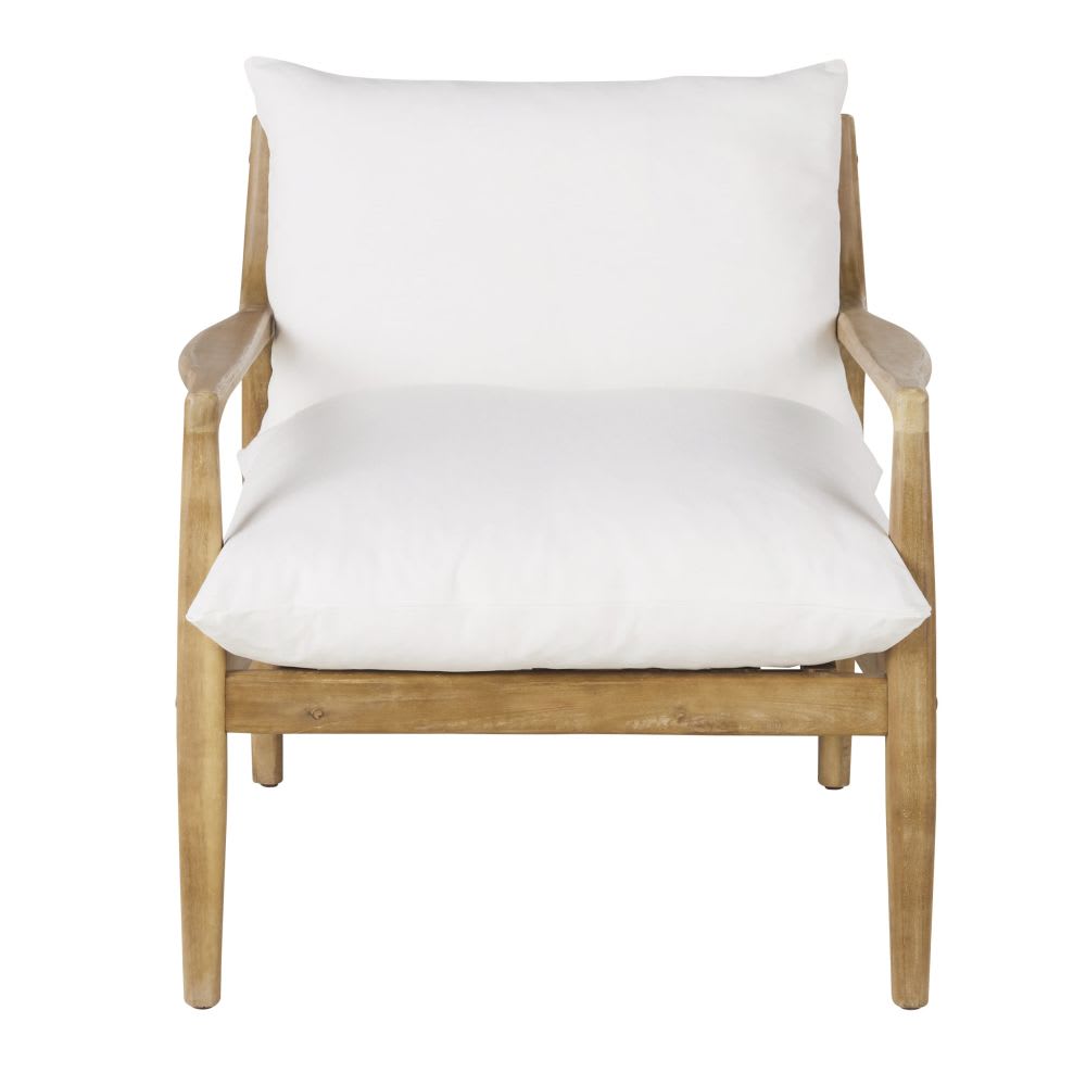 Fauteuil en bois d'acacia coussins en coton et lin écrus — vue 3