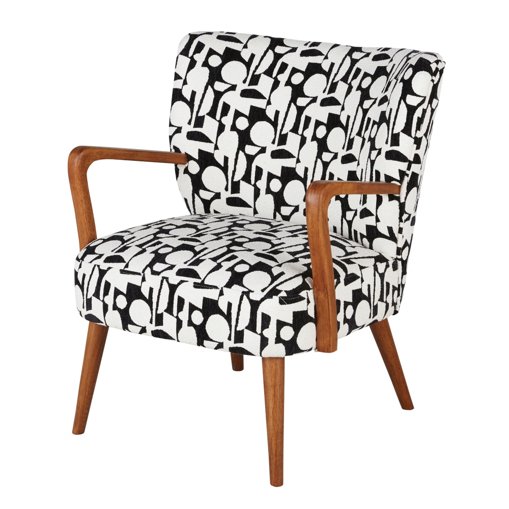 Fauteuil en tissu polyester recyclé tissé jacquard noir et blanc et bois d'hévéa massif