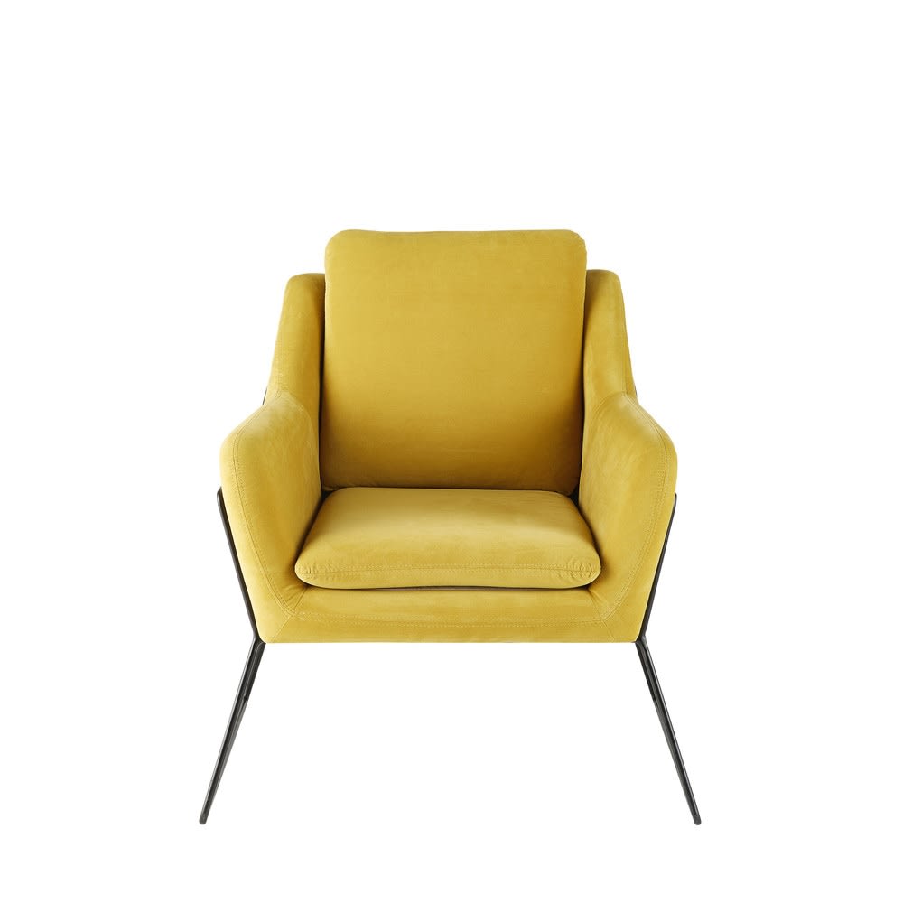 Fauteuil en velours jaune moutarde