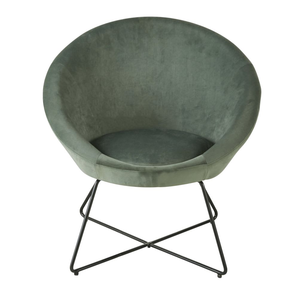 Fauteuil en velours vert pieds en acier noir