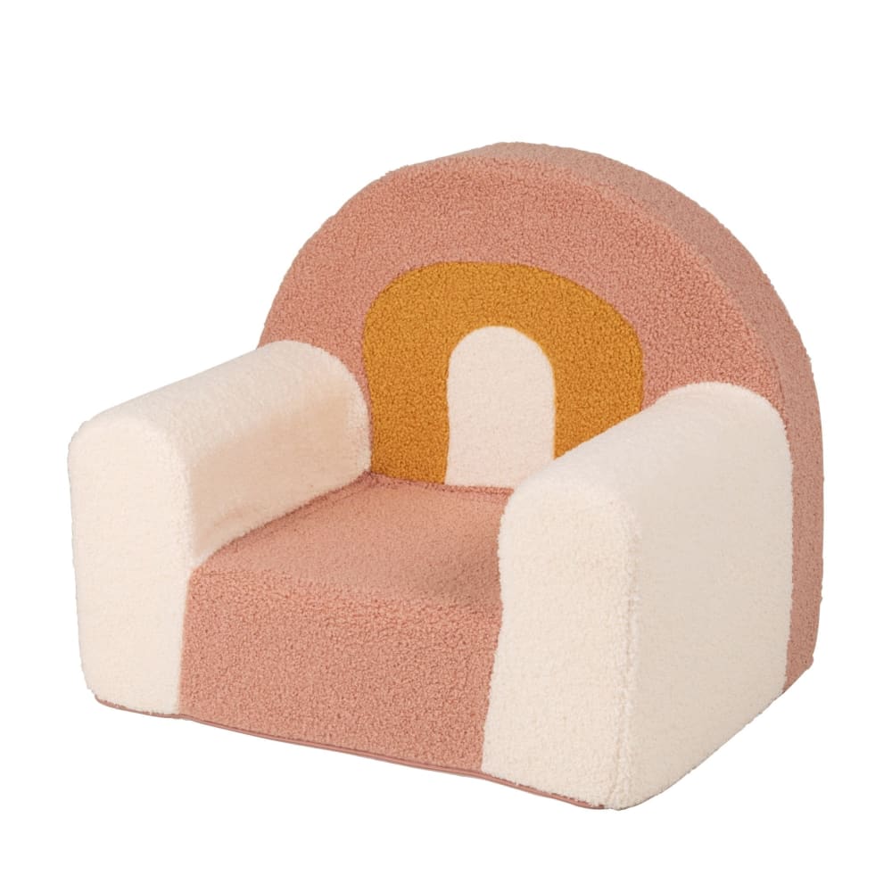 Fauteuil enfant à bouclettes écrues, roses et jaune moutarde