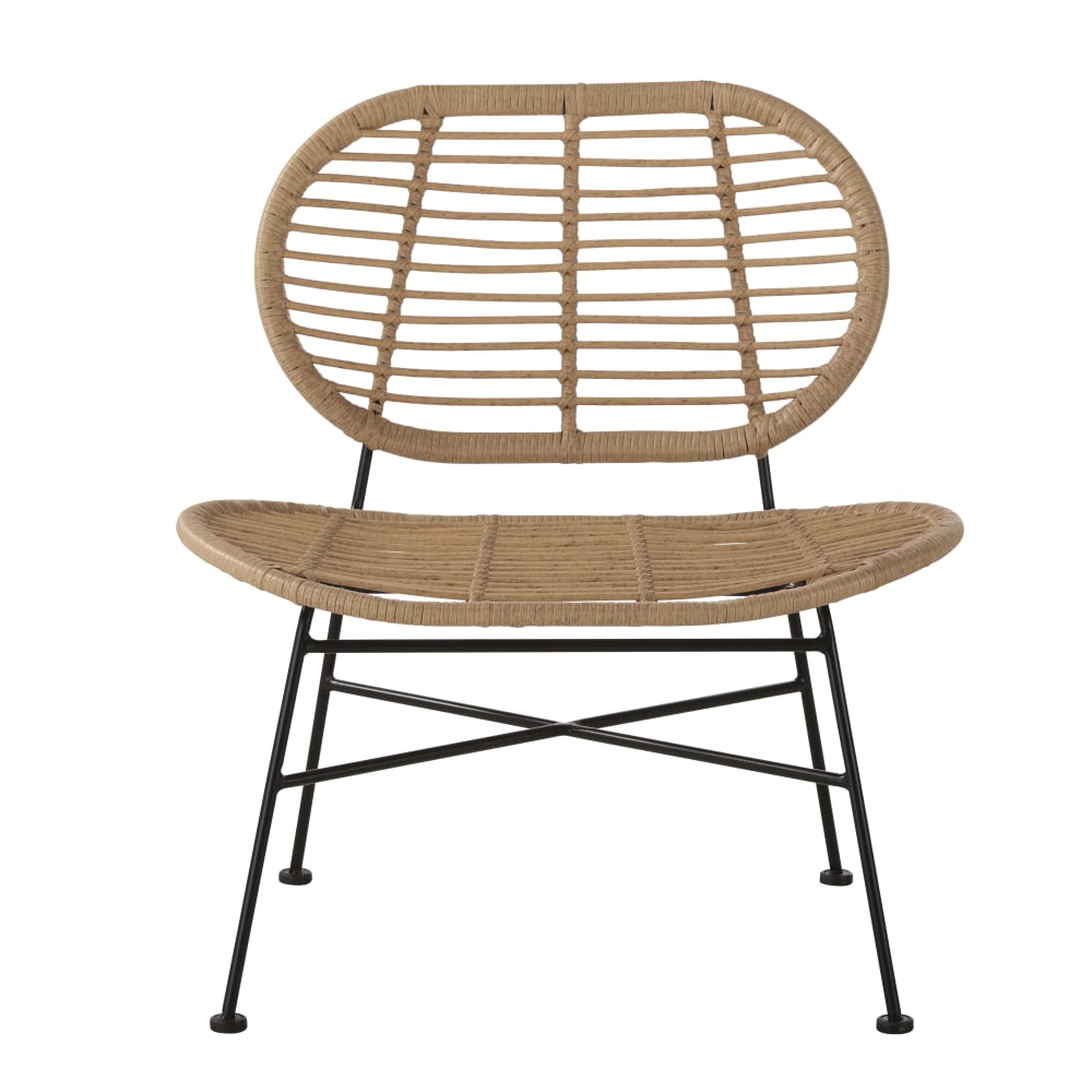 Fauteuil lounge professionnel en résine recyclée imitation rotin et métal noir - Maisons du Monde