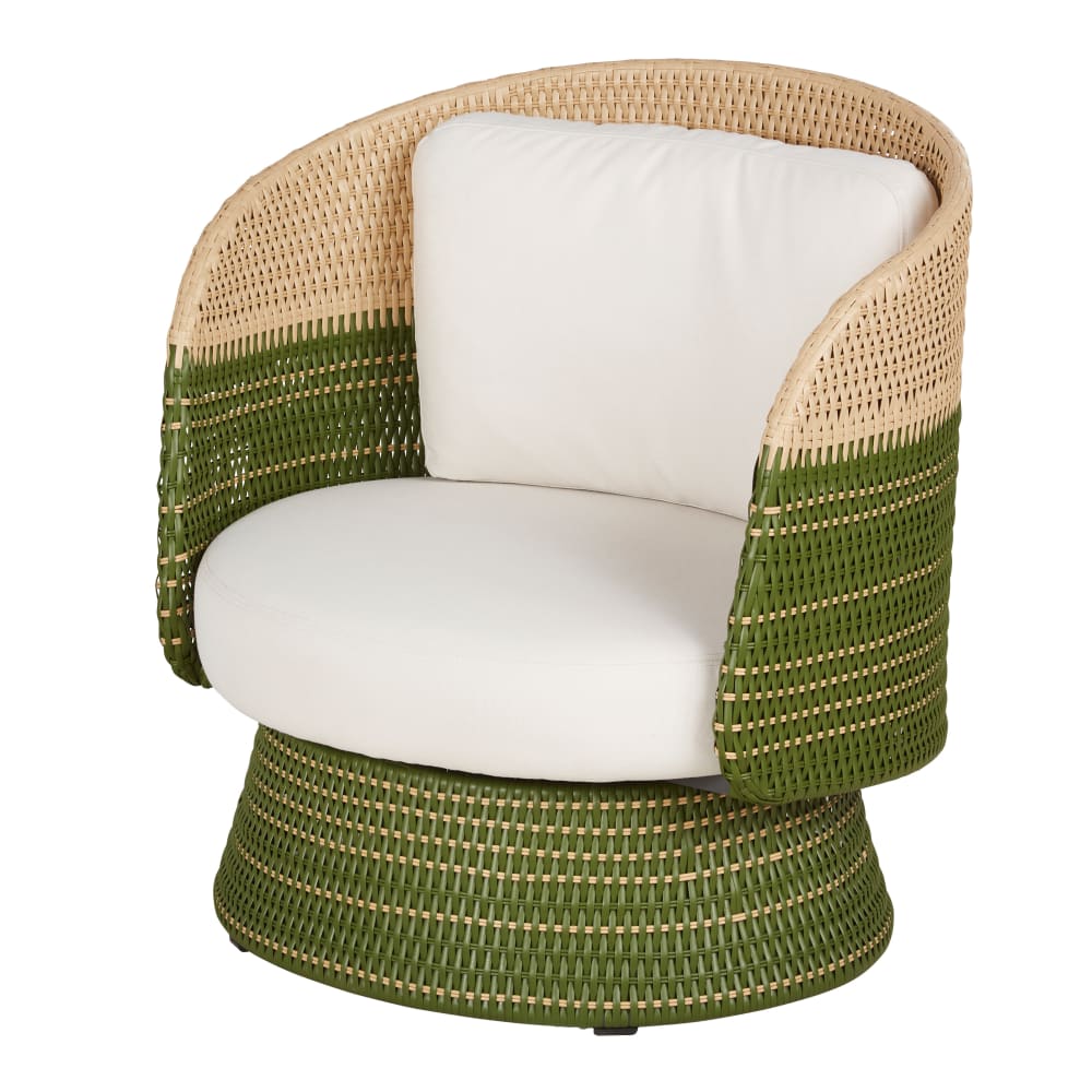 Fauteuil pivotant de jardin en résine tressée vert kaki et beige et coussins en polyester recyclé beige
