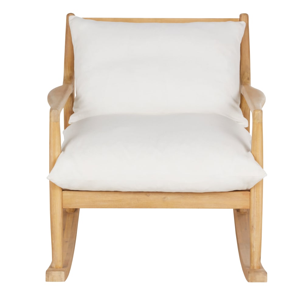 Fauteuil rocking chair en bois d'acacia coussins en coton et lin écru
