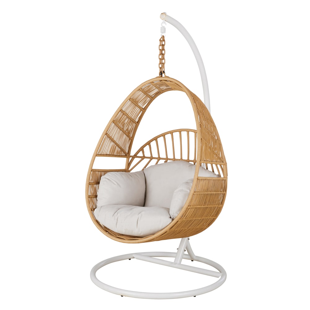 Fauteuil suspendu extérieur en résine imitation rotin et coussin écru (pied vendu séparément)