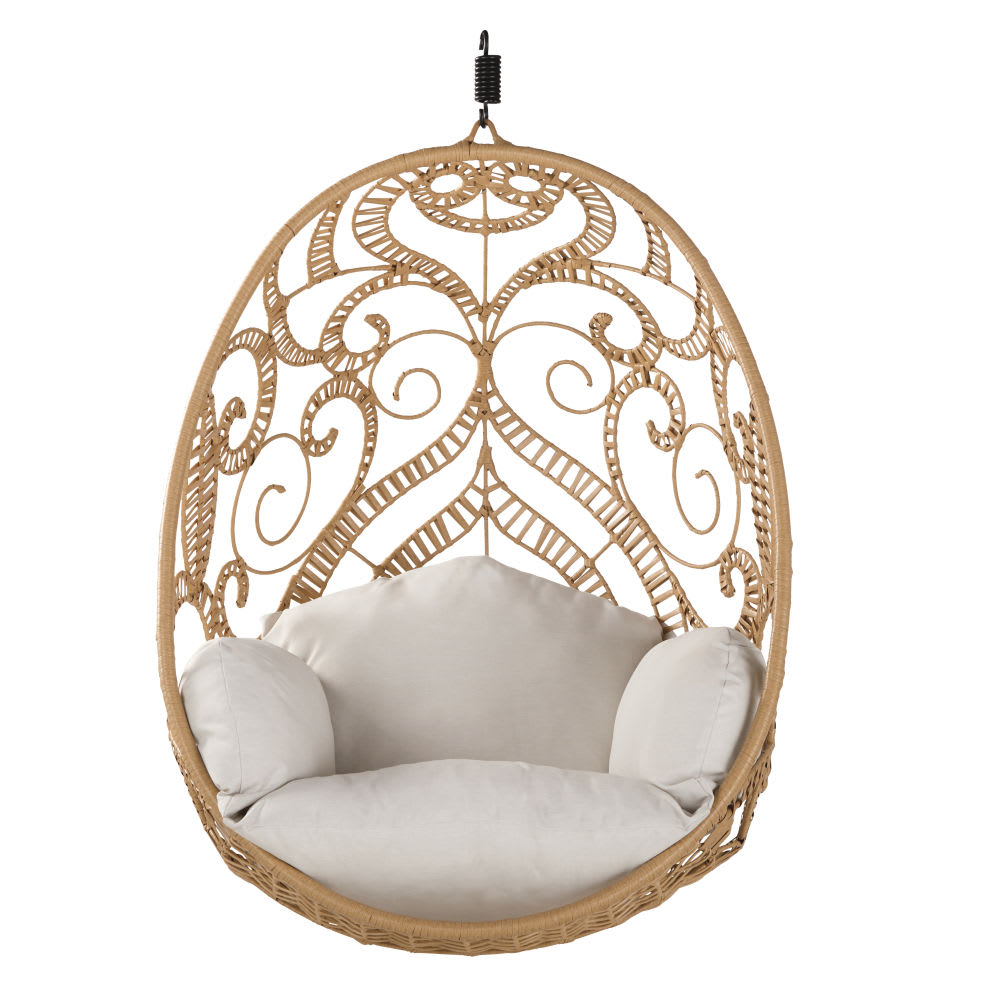 Fauteuil suspendu extérieur en résine recyclée imitation rotin et coussin écru (pied vendu séparément)