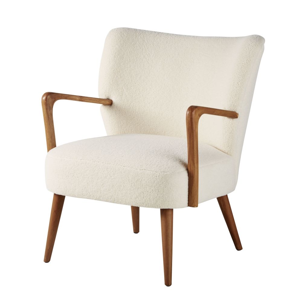 Fauteuil uit witte boucléstof en massief berkenhout - Maisons Du