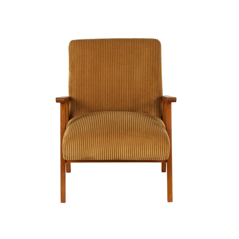 Fauteuil vintage en bois de hêtre et velours côtelé jaune curry — vue 3