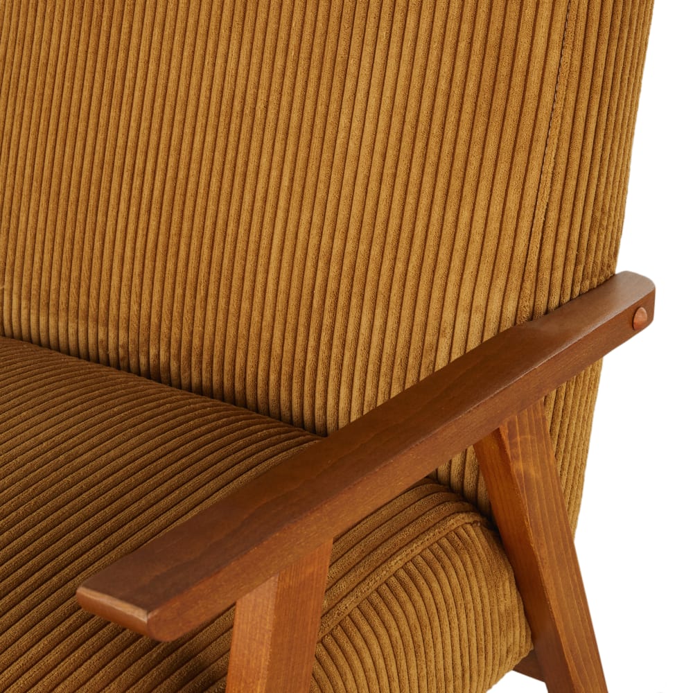Fauteuil vintage en bois de hêtre et velours côtelé jaune curry — vue 4