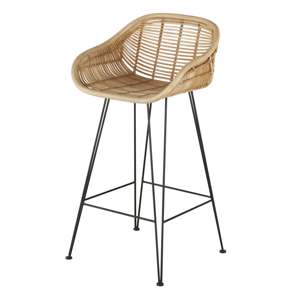 Fauteuils de bar en rotin et acier noir H76 (x2)