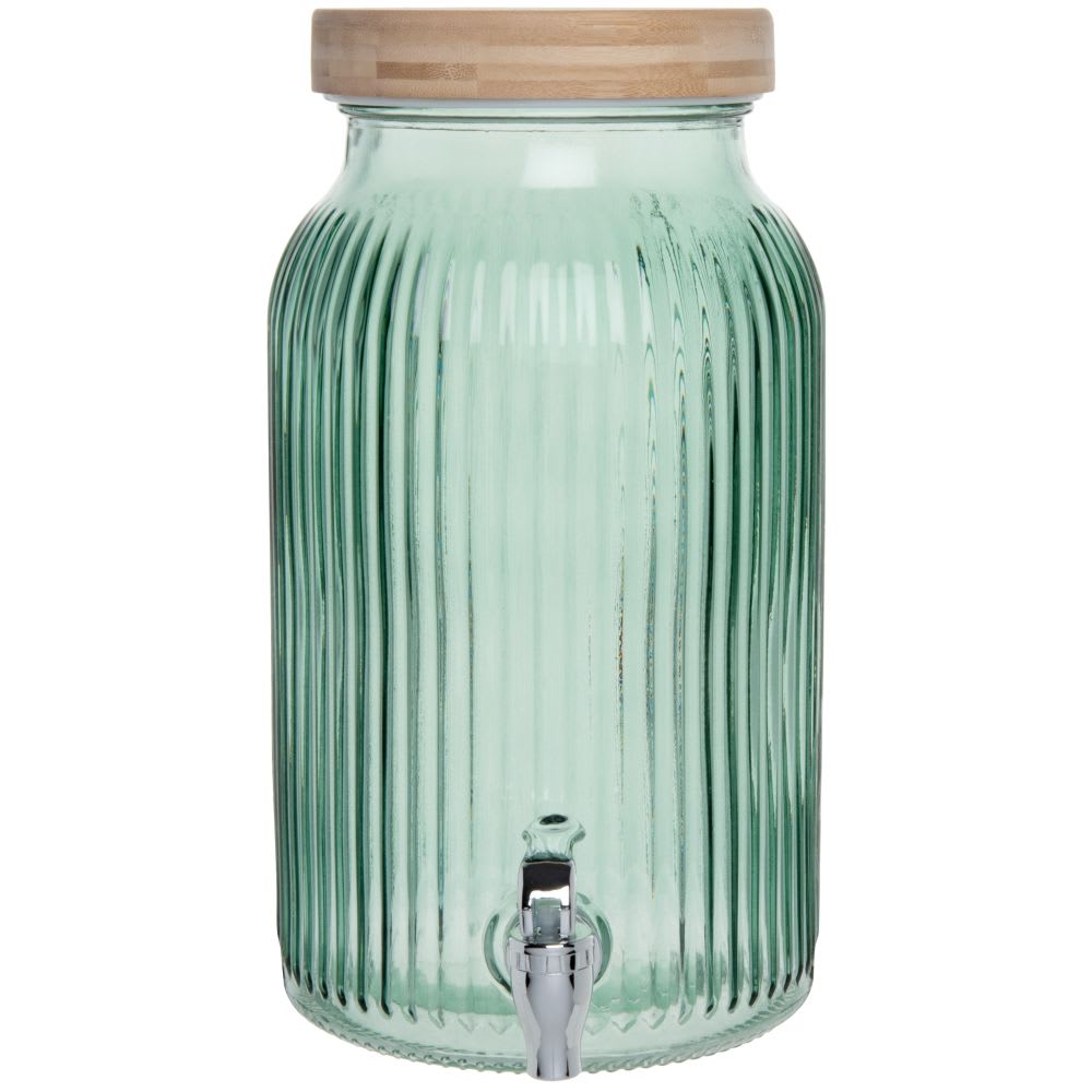 Fontaine à boisson en verre strié teinté vert olive couvercle en bambou 5,5L