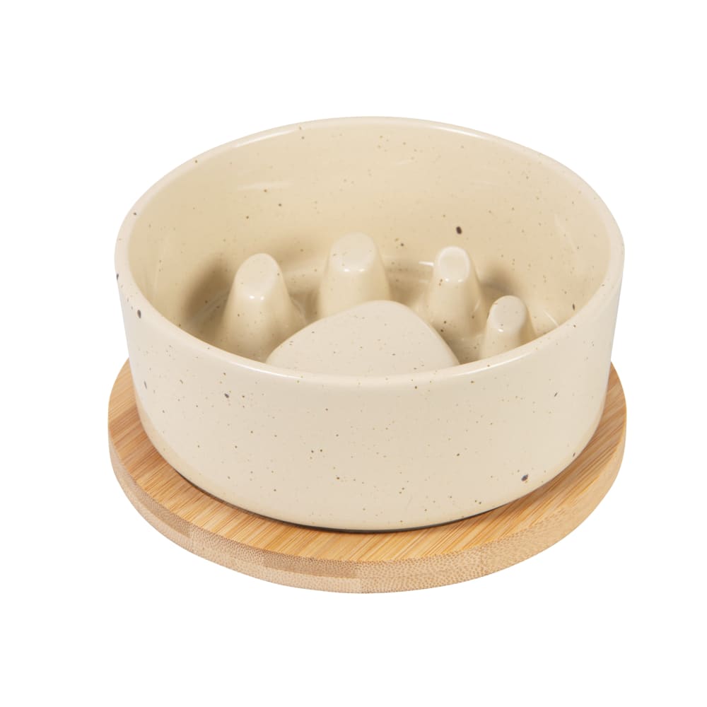 Gamelle anti-glouton pour chien en grès blanc cassé et support en bambou D14