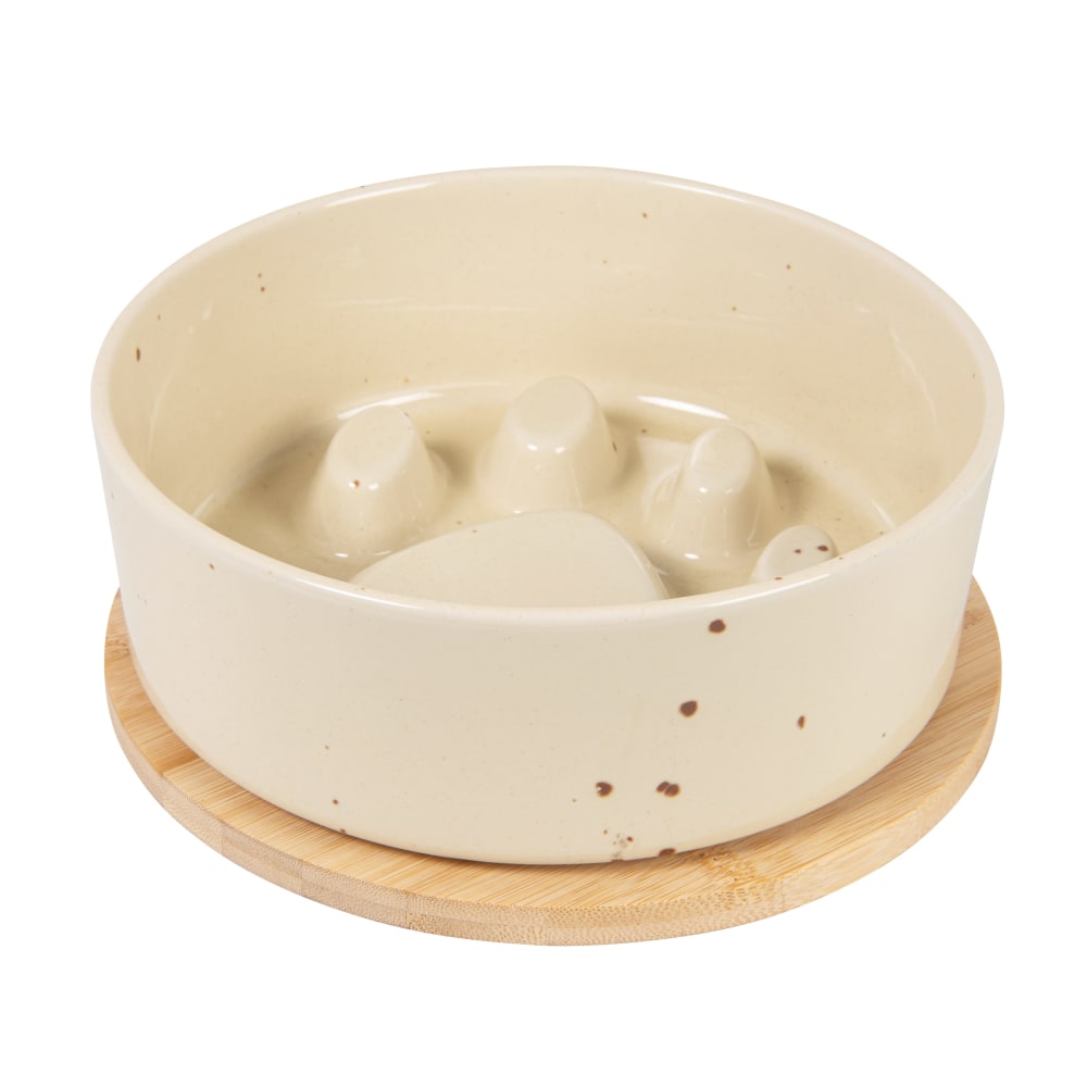 Gamelle anti-glouton pour chien en grès blanc cassé et support en bambou D22