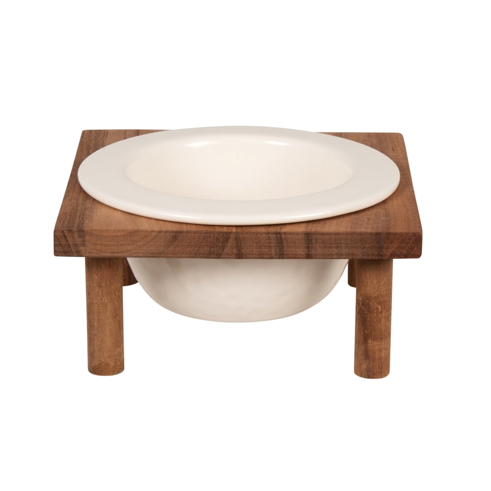 Gamelle pour animaux en grès blanc cassé et support en bois d'acacia