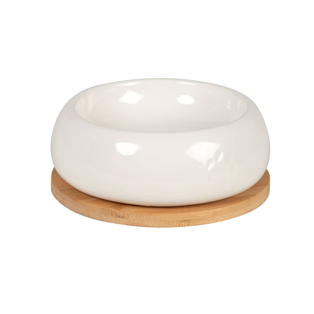 Gamelle pour chat en grès blanc cassé et bambou