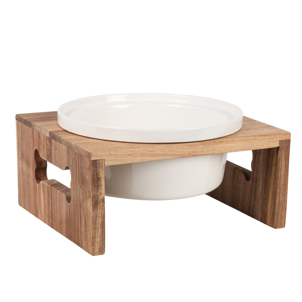 Gamelle pour chien en grès écru et support en bois d'acacia