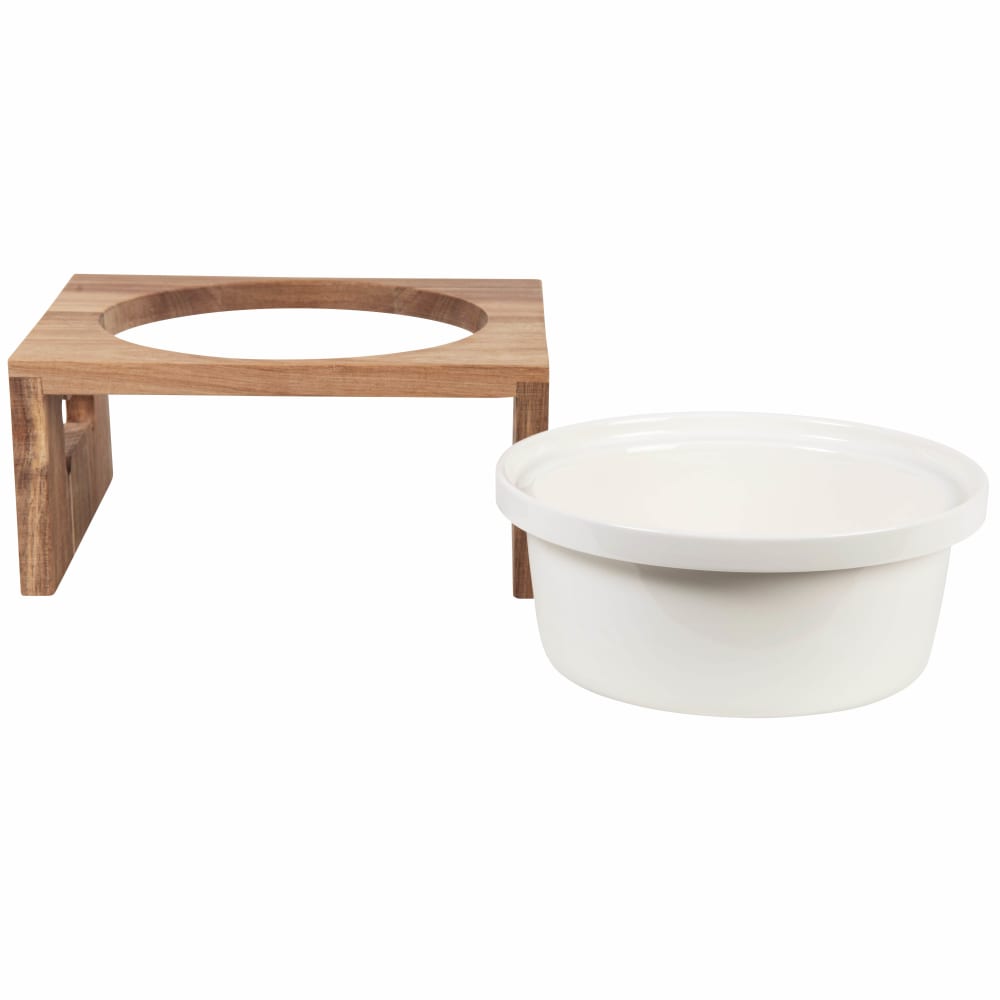 Gamelle pour chien en grès écru et support en bois d'acacia - Maisons du Monde
