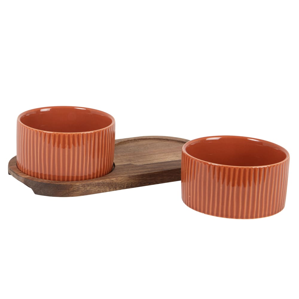 Gamelles pour chien et chat en grès marron D12 (x2) et support en bois d'acacia - Maisons du Monde