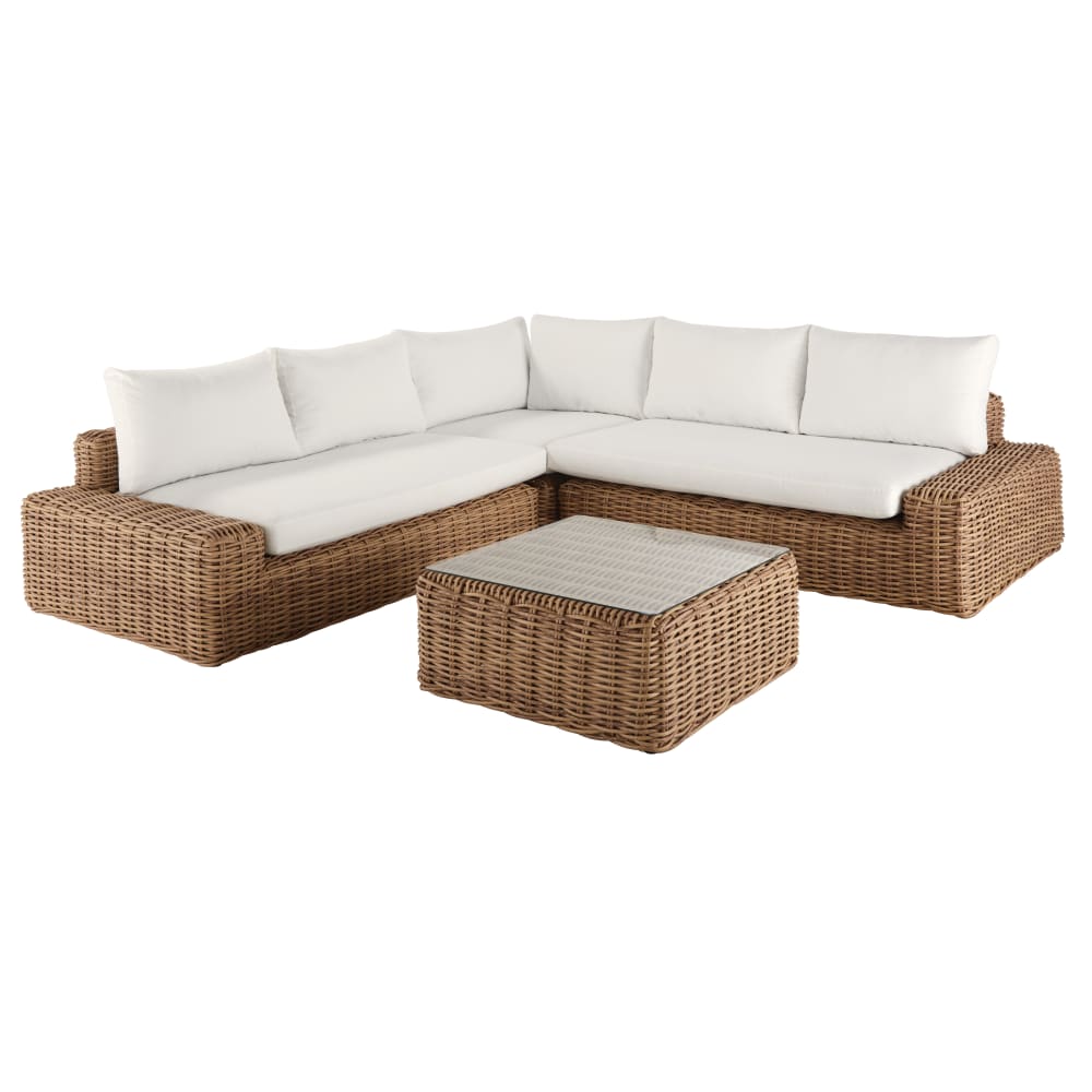 Gartenlounge für 5 Personen in Rattanoptik mit weißen Kissen aus